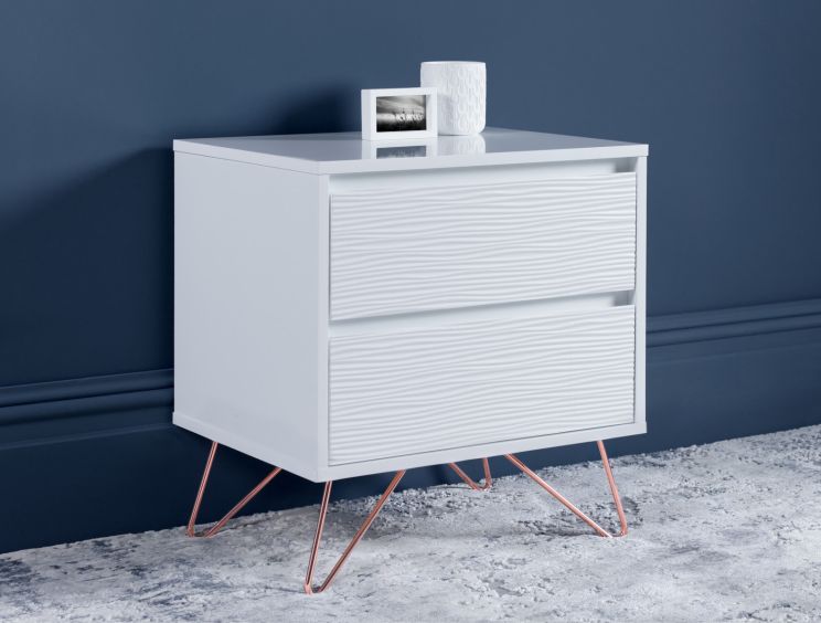 Fusion 2 Drawer Bedside White With Pink Copper Feet