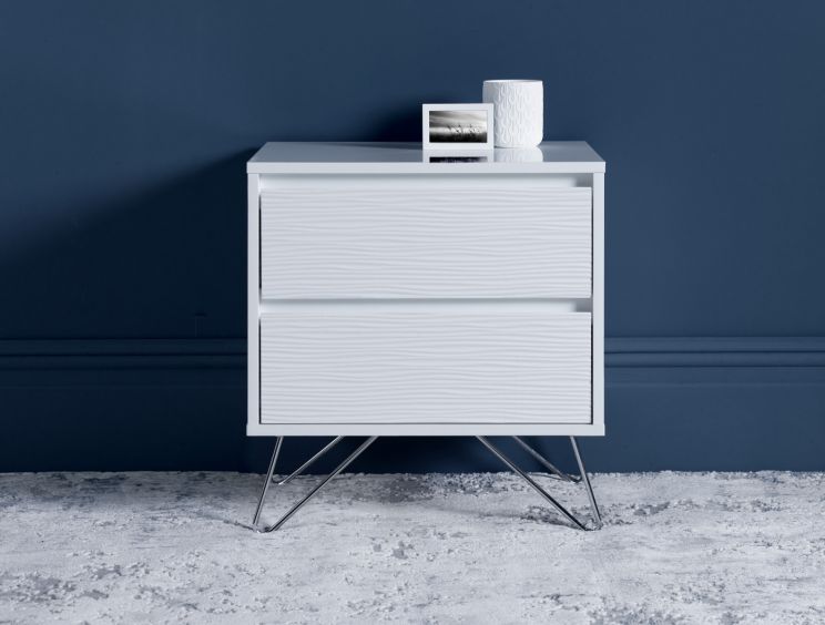 Fusion 2 Drawer White Bedside With Stainless Steel Feet