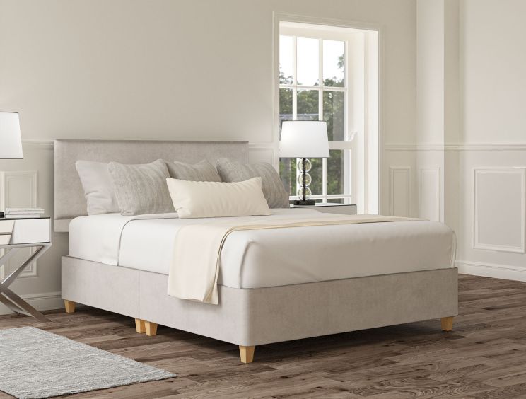 Henley Plush Silver Upholstered Compact Double Headboard and Shallow Base On Legs