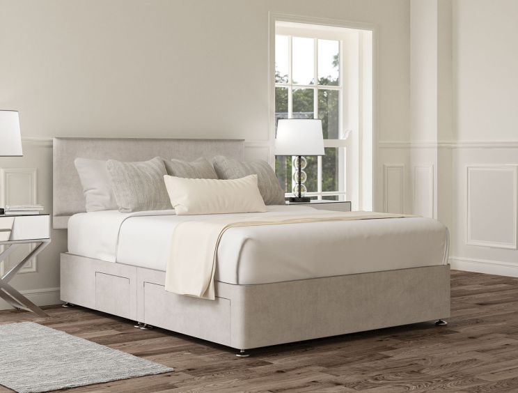 Henley Plush Silver Upholstered Compact Double Headboard and Continental 2+2 Drawer Base