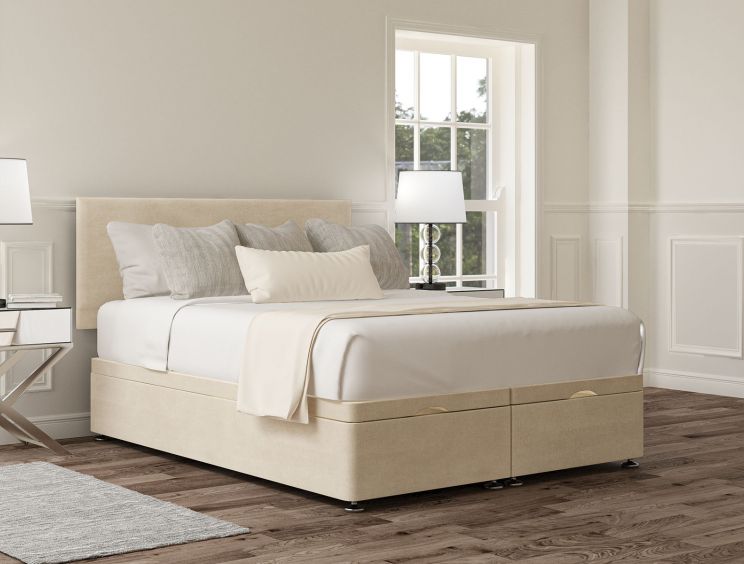 Henley Naples Cream Upholstered Compact Double Headboard and end Lift Ottoman Base