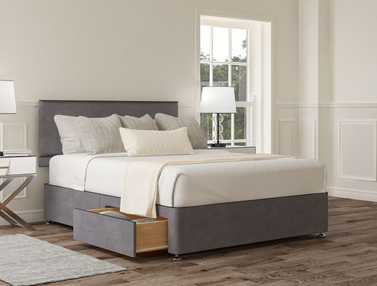 Henley Plush Steel Upholstered Compact Double Headboard and 2 Drawer Base