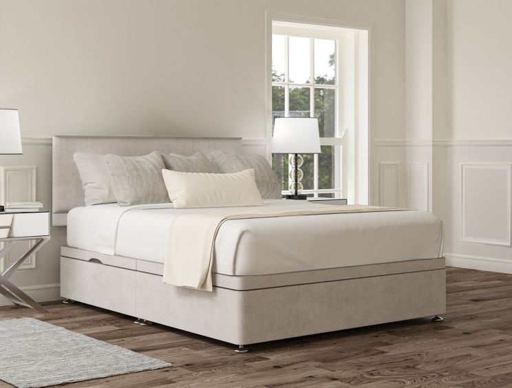 Henley Plush Silver Upholstered Compact Double Headboard and Side Lift Ottoman Base