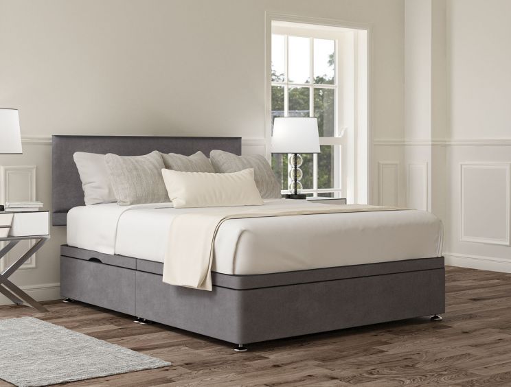 Henley Plush Steel Upholstered Compact Double Headboard and Side Lift Ottoman Base