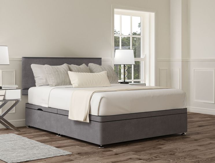 Henley Plush Steel Upholstered Compact Double Headboard and Side Lift Ottoman Base