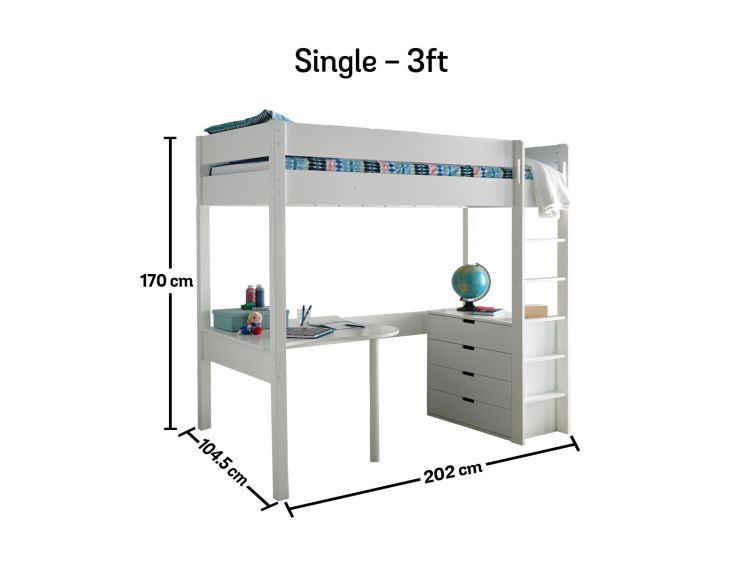 Modena High Sleeper Bed Frame Including Desk & 4 Drawer Chest