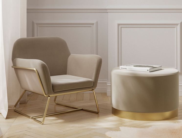 Portrush Cream Velvet Pouffe Upholstered Large Stool