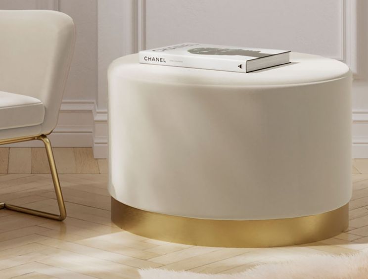 Portrush Cream Velvet Pouffe Upholstered Large Stool