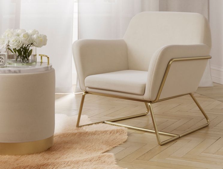 Portrush Cream Velvet Upholstered Pouffe Small Stool