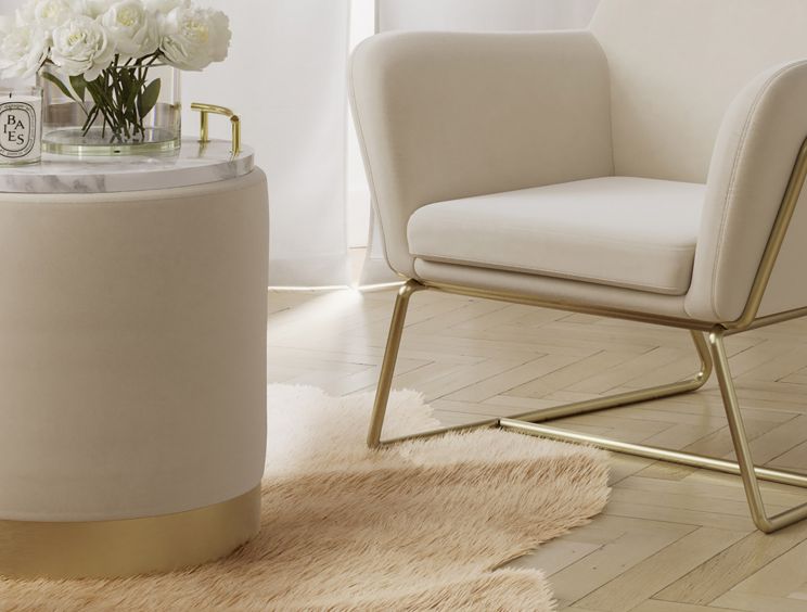 Portrush Cream Velvet Upholstered Pouffe Small Stool