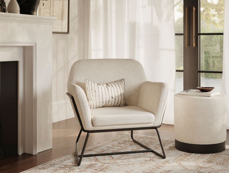 Portrush Ivory Boucle Upholstered Pouffe Small Stool