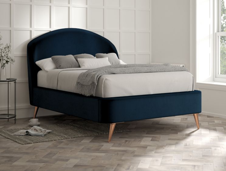 Lunar Upholstered Bed Frame - Compact Double Bed Frame Only - Velvet Navy