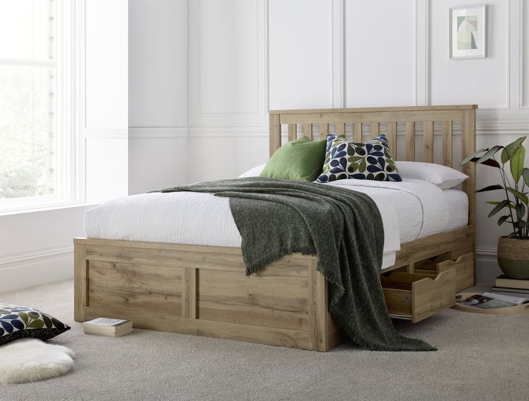 Wooden bed frame full with shop storage