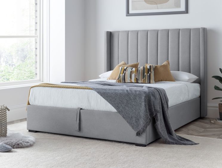 Maya Winged Ottoman Light Grey - Double Bed Frame Only