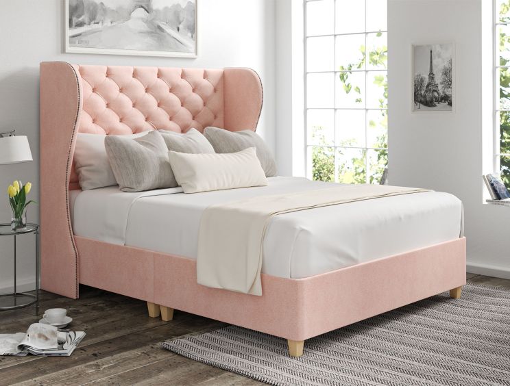 Miami Winged Arlington Candyfloss Upholstered King Size Floor Standing Headboard and Shallow Base On Legs