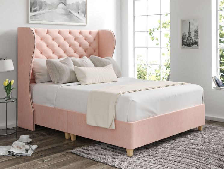 Miami Winged Arlington Candyfloss Upholstered Super King Size Floor Standing Headboard and Shallow Base On Legs