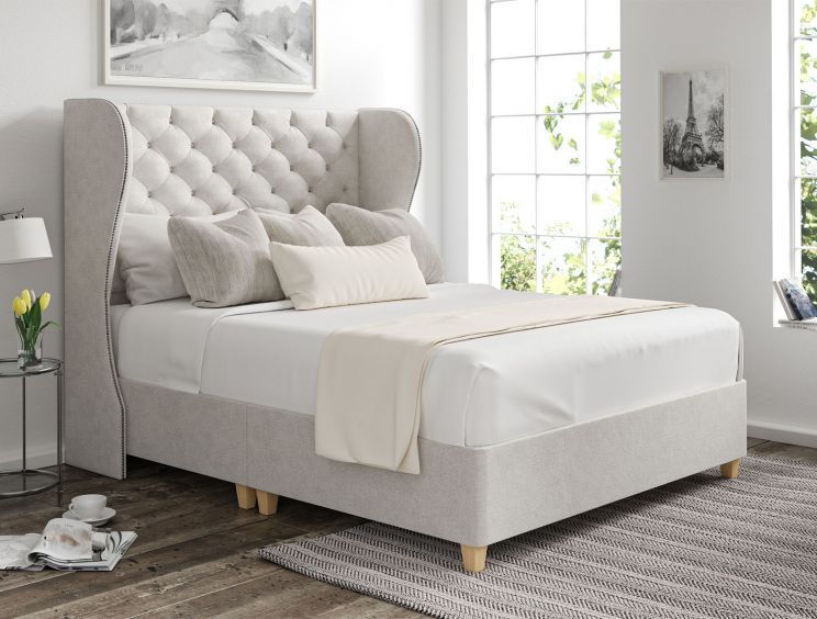 Miami Winged Arlington Ice Upholstered Compact Double Floor Standing Headboard and Shallow Base On Legs