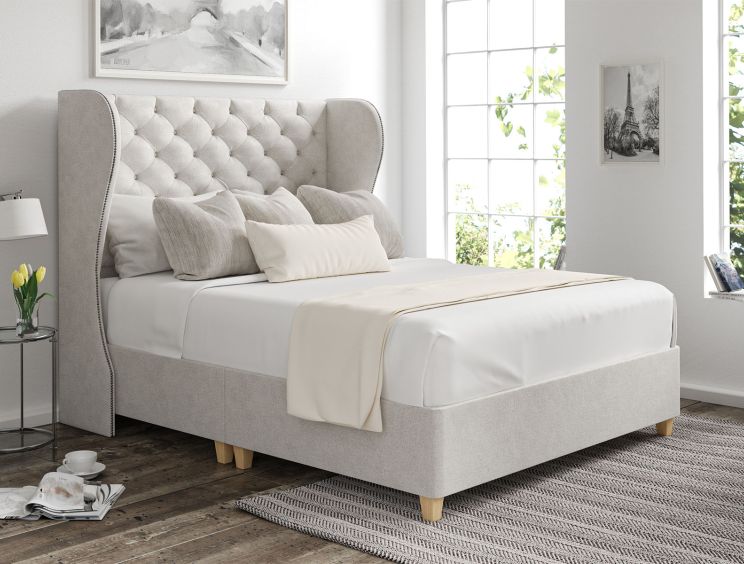 Miami Winged Arlington Ice Upholstered Double Floor Standing Headboard and Shallow Base On Legs