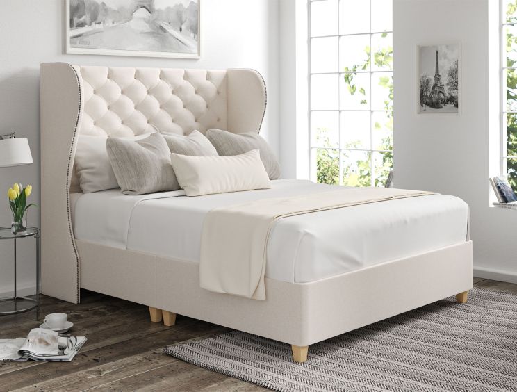 Miami Winged Carina Parchment Upholstered Compact Double Floor Standing Headboard and Shallow Base On Legs