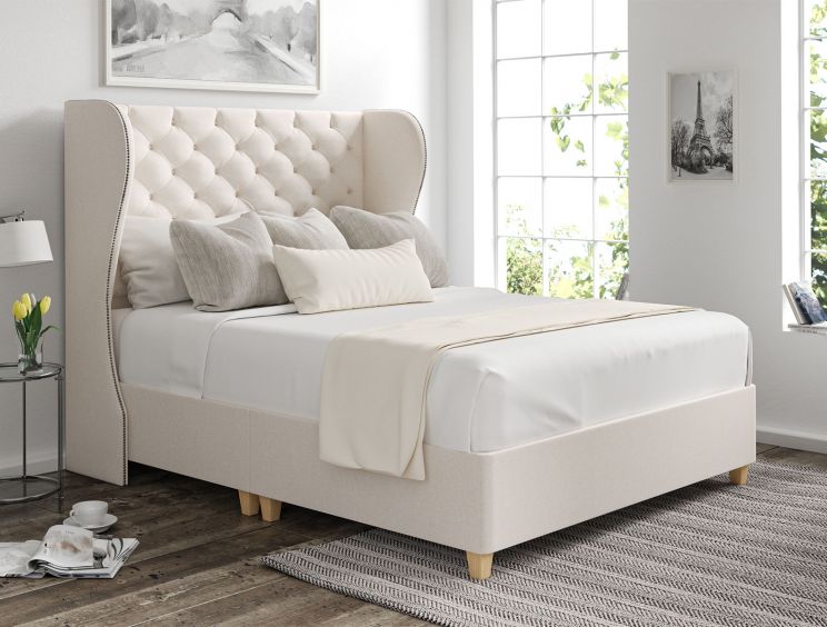 Miami Winged Carina Parchment Upholstered King Size Floor Standing Headboard and Shallow Base On Legs