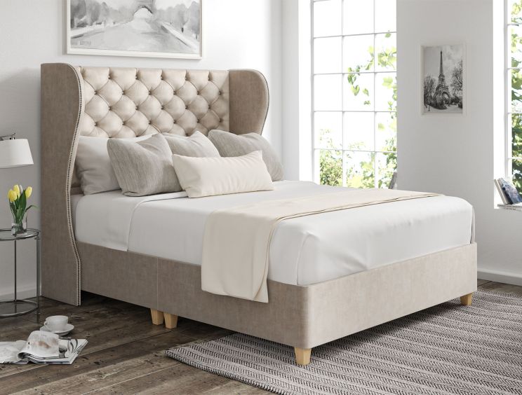 Miami Winged Heritage Mink Upholstered Compact Double Floor Standing Headboard and Shallow Base On Legs