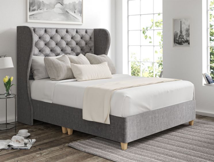 Miami Winged Heritage Steel Upholstered Super King Size Floor Standing Headboard and Shallow Base On Legs