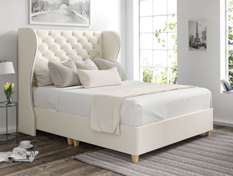 Miami Winged Teddy Cream Upholstered King Size Floor Standing Headboard and Shallow Base On Legs