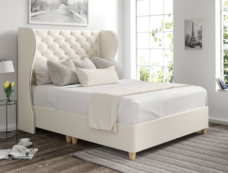 Miami Winged Teddy Cream Upholstered Super King Size Floor Standing Headboard and Shallow Base On Legs