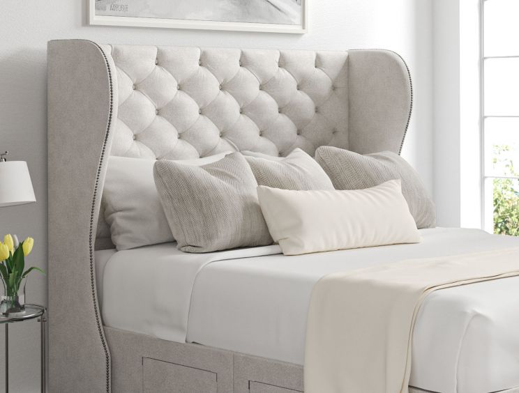 Miami Winged Arlington Ice Upholstered King Size Headboard and 2 Drawer Base