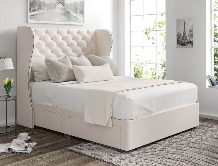 Miami Winged Carina Parchment Upholstered Double Headboard and Continental 2+2 Drawer Base