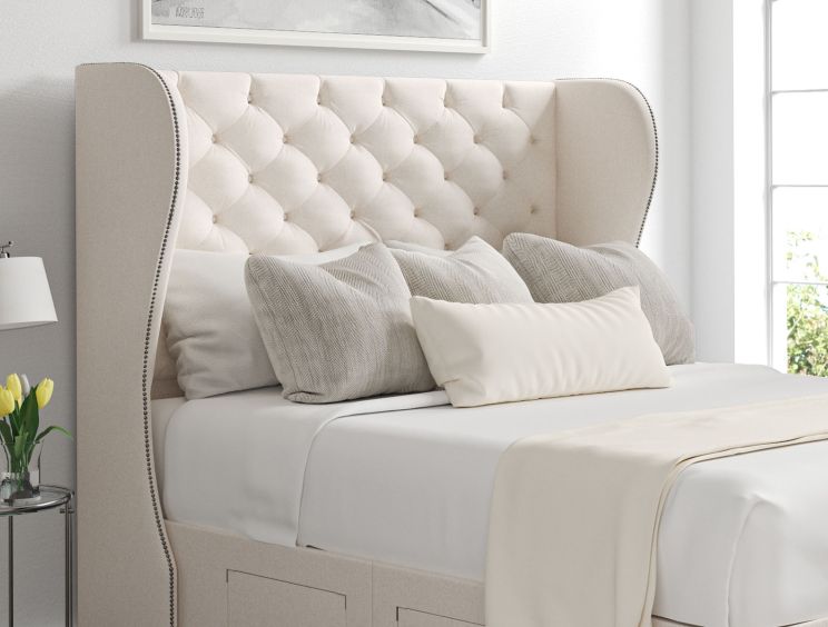 Miami Winged Carina Parchment Upholstered Super King Size Floor Standing Headboard and Shallow Base On Legs