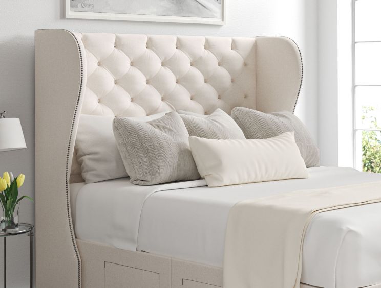 Miami Winged Carina Parchment Upholstered Compact Double Floor Standing Headboard and Shallow Base On Legs