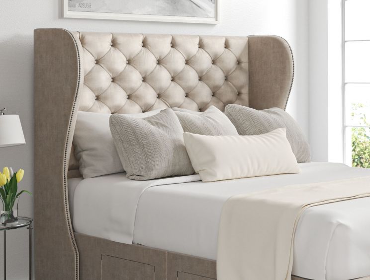 Miami Winged Heritage Mink Upholstered Compact Double Headboard and End Lift Ottoman Base