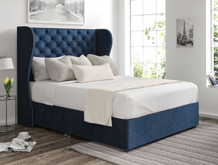 Miami Winged Heritage Royal Upholstered King Size Headboard and Continental 2+2 Drawer Base