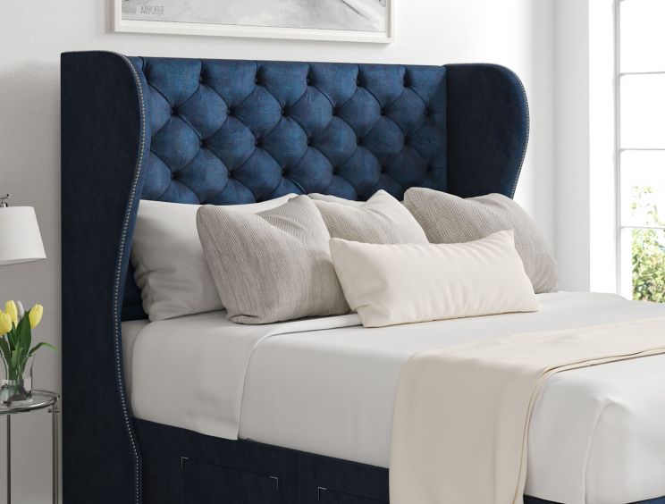 Miami Winged Heritage Royal Upholstered Super King Size Headboard and Side Lift Ottoman Base