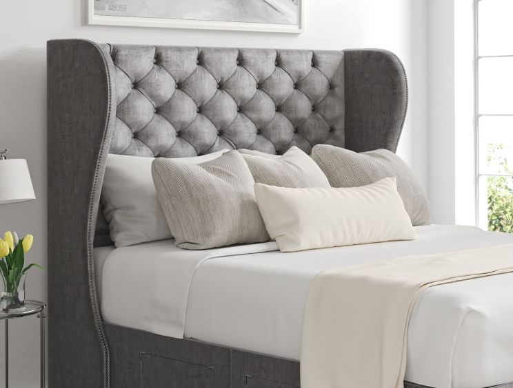 Miami Winged Heritage Steel Upholstered Compact Double Headboard and Side Lift Ottoman Base