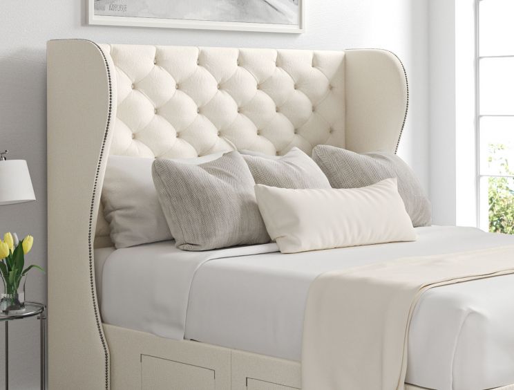 Miami Winged Teddy Cream Upholstered Compact Double Floor Standing Headboard and Shallow Base On Legs