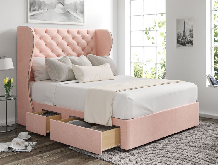 Miami Winged Arlington Candyfloss Upholstered Compact Double Headboard and Continental 2+2 Drawer Base