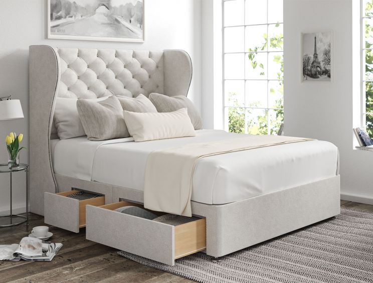 Miami Winged Arlington Ice Upholstered Compact Double Headboard and Continental 2+2 Drawer Base