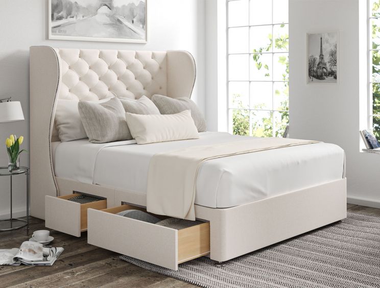 Miami Winged Carina Parchment Upholstered King Size Headboard and Continental 2+2 Drawer Base