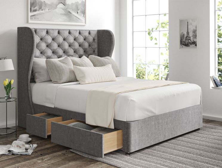 Miami Winged Heritage Steel Upholstered Super King Size Headboard and Continental 2+2 Drawer Base