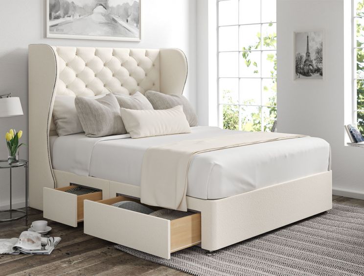 Miami Winged Teddy Cream Upholstered Super King Size Headboard and Continental 2+2 Drawer Base