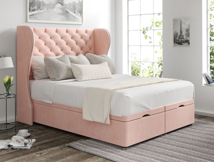 Miami Winged Arlington Candyfloss Upholstered Compact Double Headboard and End Lift Ottoman Base
