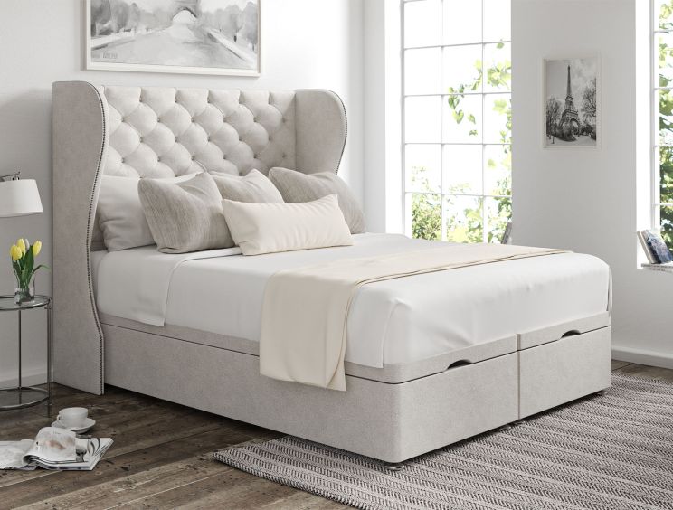 Miami Winged Arlington Ice Upholstered Compact Double Headboard and End Lift Ottoman Base