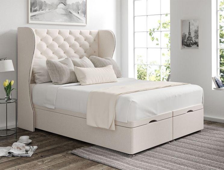 Miami Winged Carina Parchment Upholstered Double Headboard and End Lift Ottoman Base
