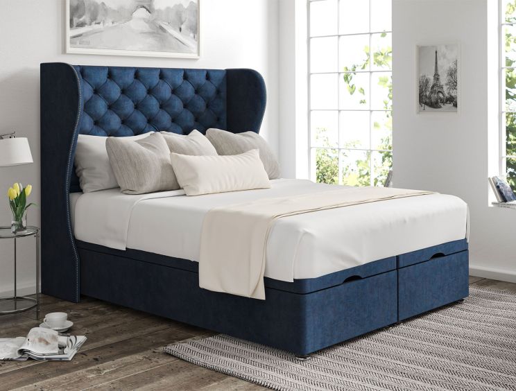 Miami Winged Heritage Royal Upholstered Compact Double Headboard and End Lift Ottoman Base