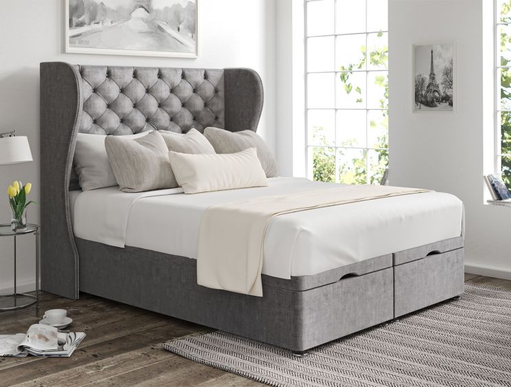 Miami Winged Heritage Steel Upholstered Compact Double Headboard and End Lift Ottoman Base