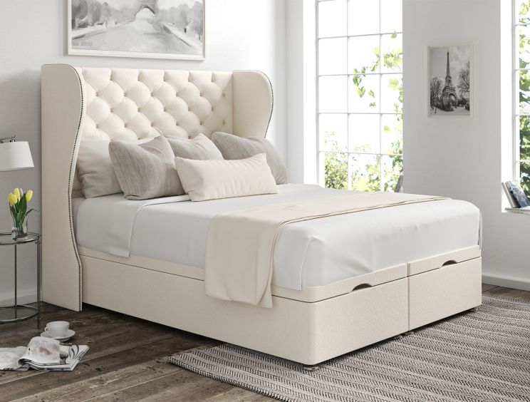 Miami Winged Teddy Cream Upholstered Double Headboard and End Lift Ottoman Base