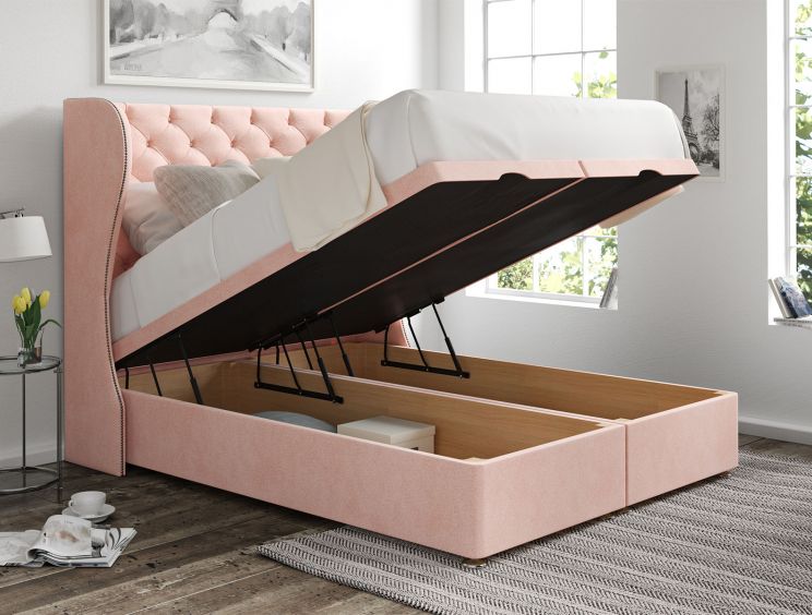 Miami Winged Arlington Candyfloss Upholstered Double Headboard and End Lift Ottoman Base