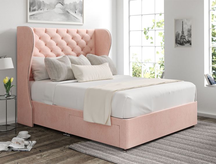 Miami Winged Arlington Candyfloss Upholstered Double Headboard and 2 Drawer Base